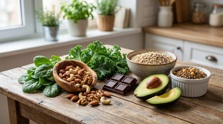Une sélection d'aliments riches en magnésium comme des noix, du chocolat noir, des épinards, de l'avocat et des céréales.