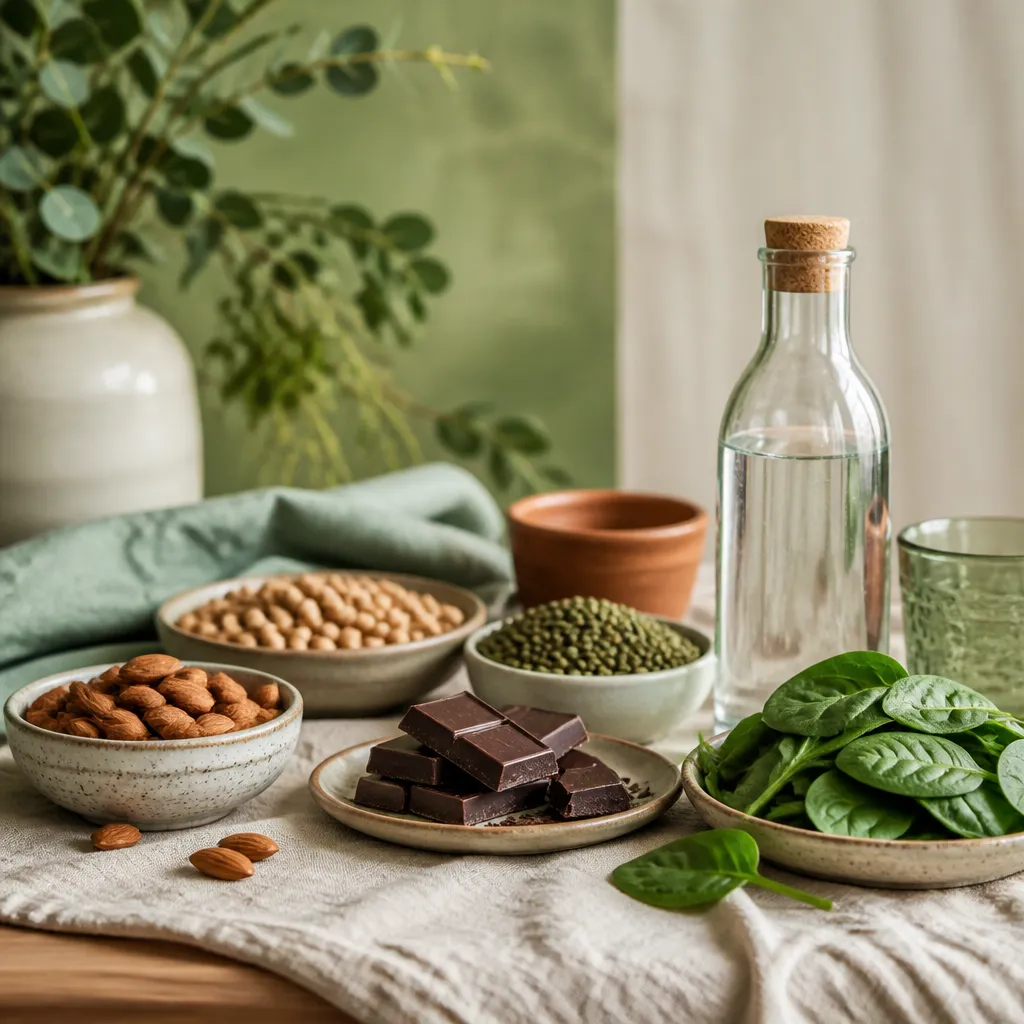 Aliments riches en magnésium : chocolat noir, amandes, épinards, légumineuses