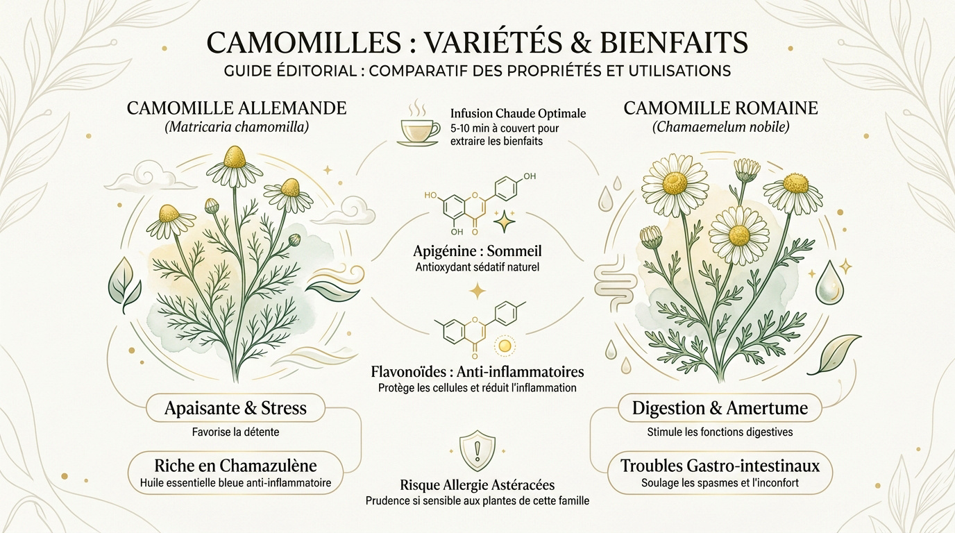 Comparaison visuelle entre la camomille allemande et la camomille romaine séchée