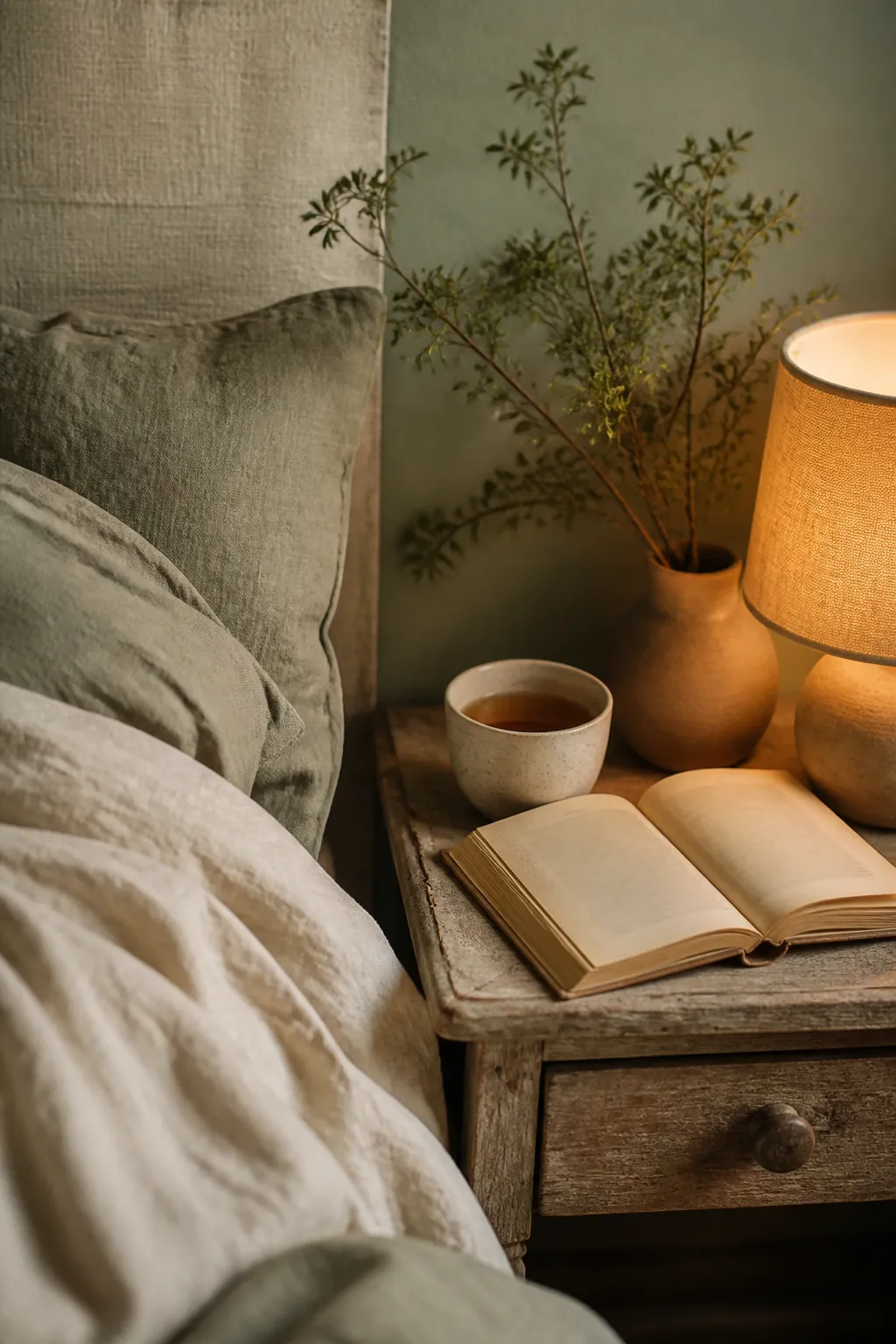 Table de chevet avec tisane, livre ouvert et lampe tamisée