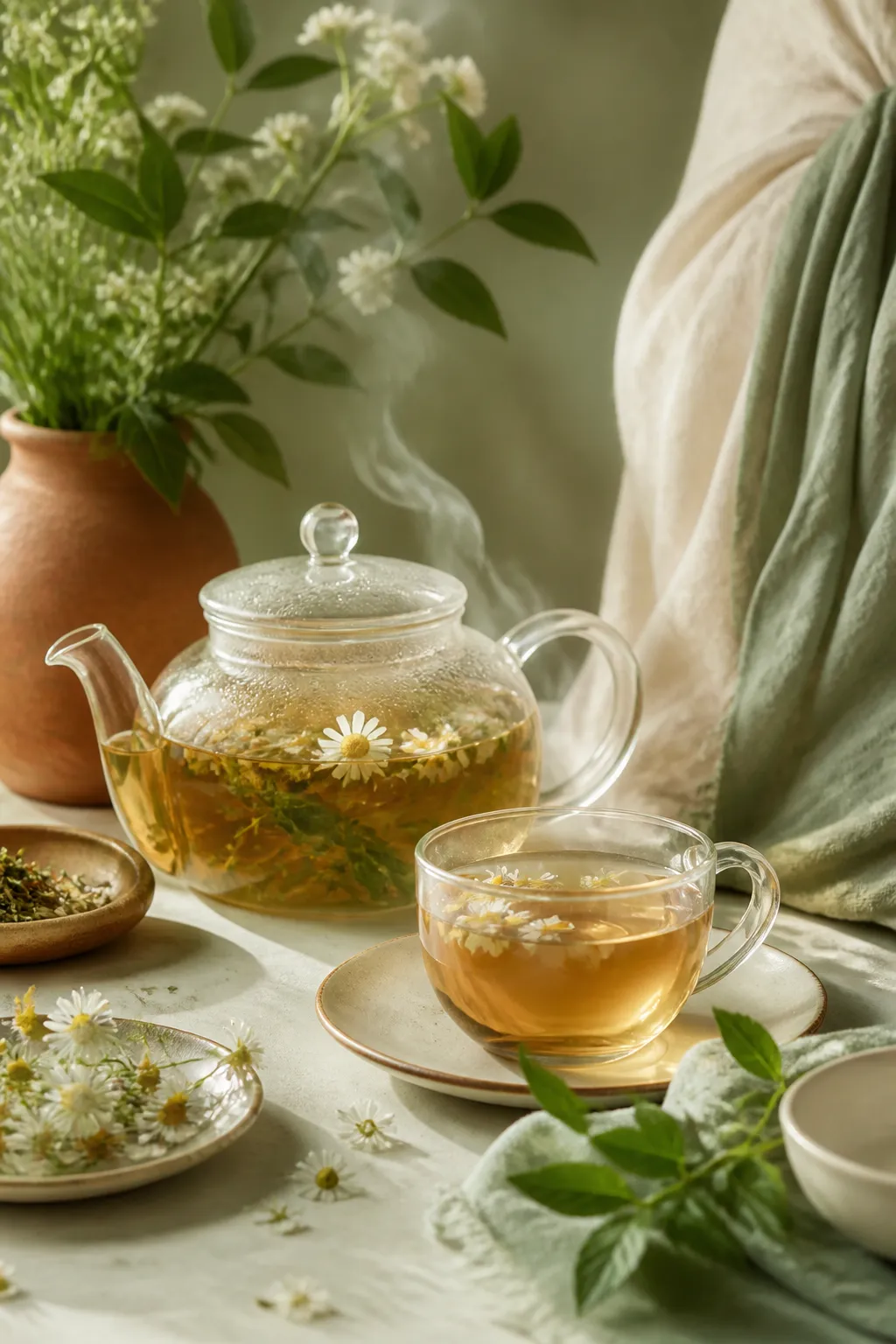 Théière en verre et tasse de tisane dorée avec camomille fraîche