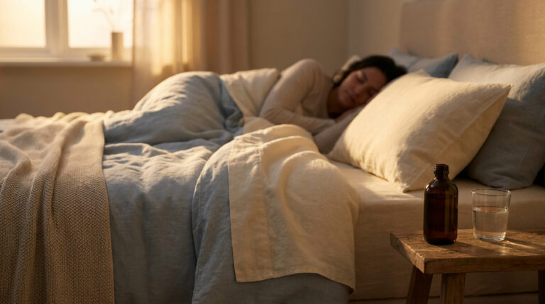 Une femme dort paisiblement dans un lit douillet avec un flacon de complément et un verre d'eau sur la table de chevet.