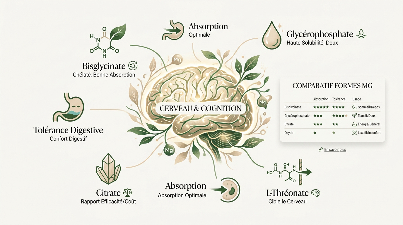 Schéma explicatif des différentes formes de magnésium et leur impact sur le système nerveux et le cerveau
