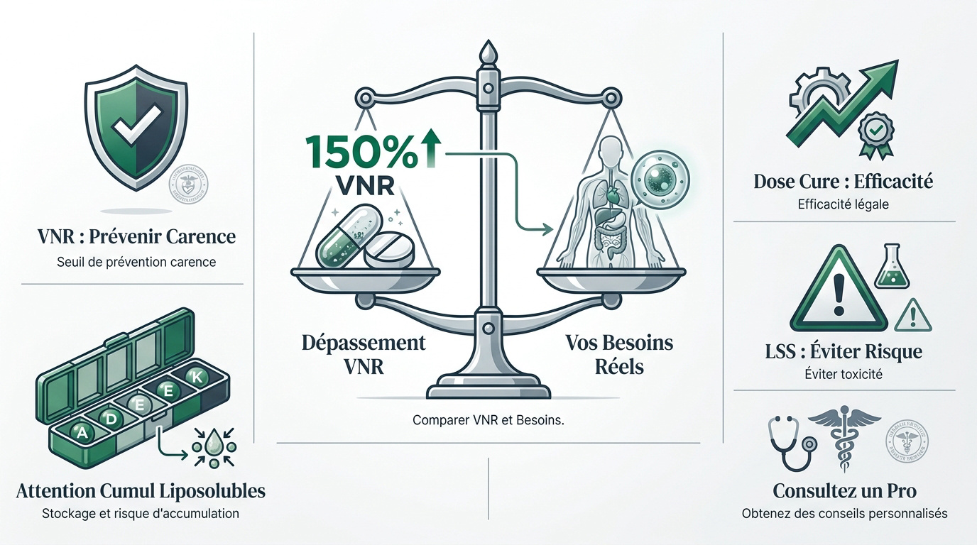 Tableau nutritionnel d'un complément alimentaire détaillant les VNR et dosages