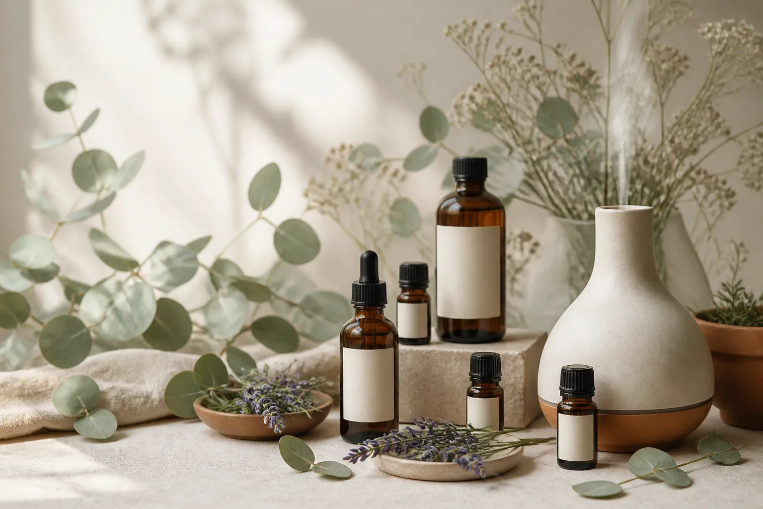 Huiles essentielles indispensables : flacons ambrés avec lavande et diffuseur en céramique
