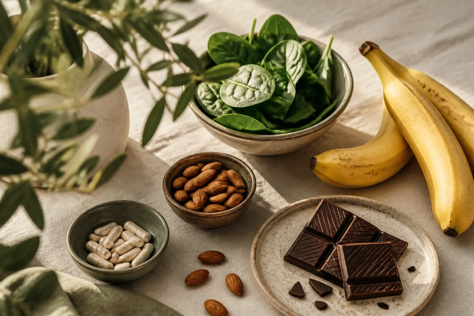Quel magnésium choisir : aliments riches en magnésium et gélules sur une table