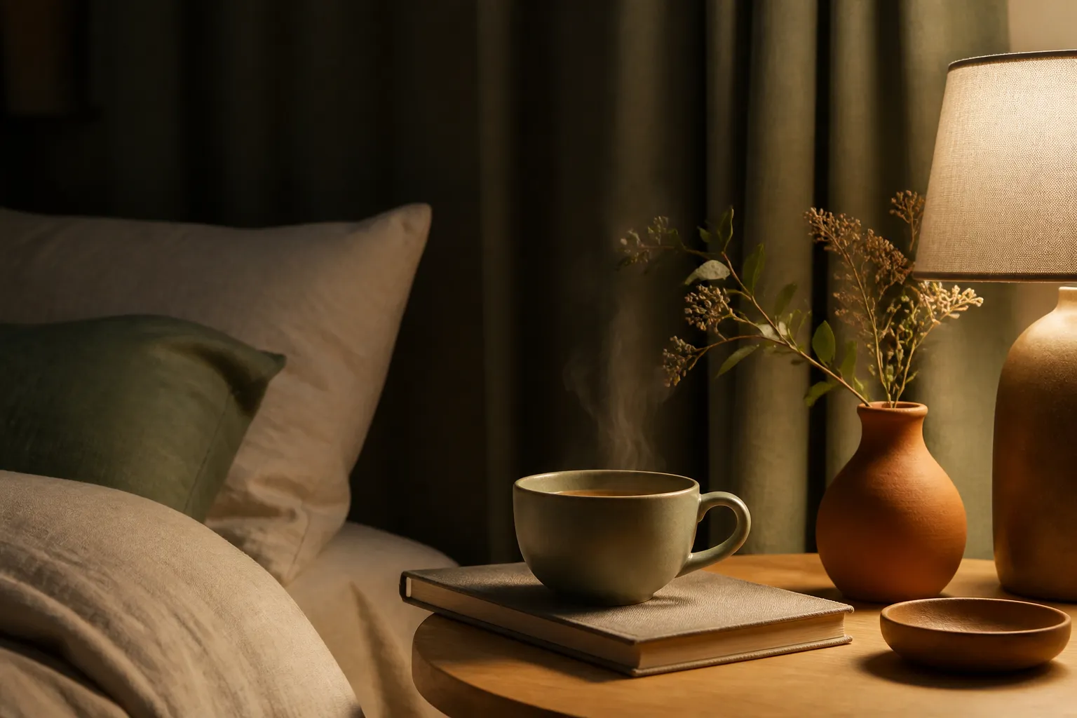 Tisane pour dormir : tasse fumante sur une table de nuit à la lumière d'une lampe chaude