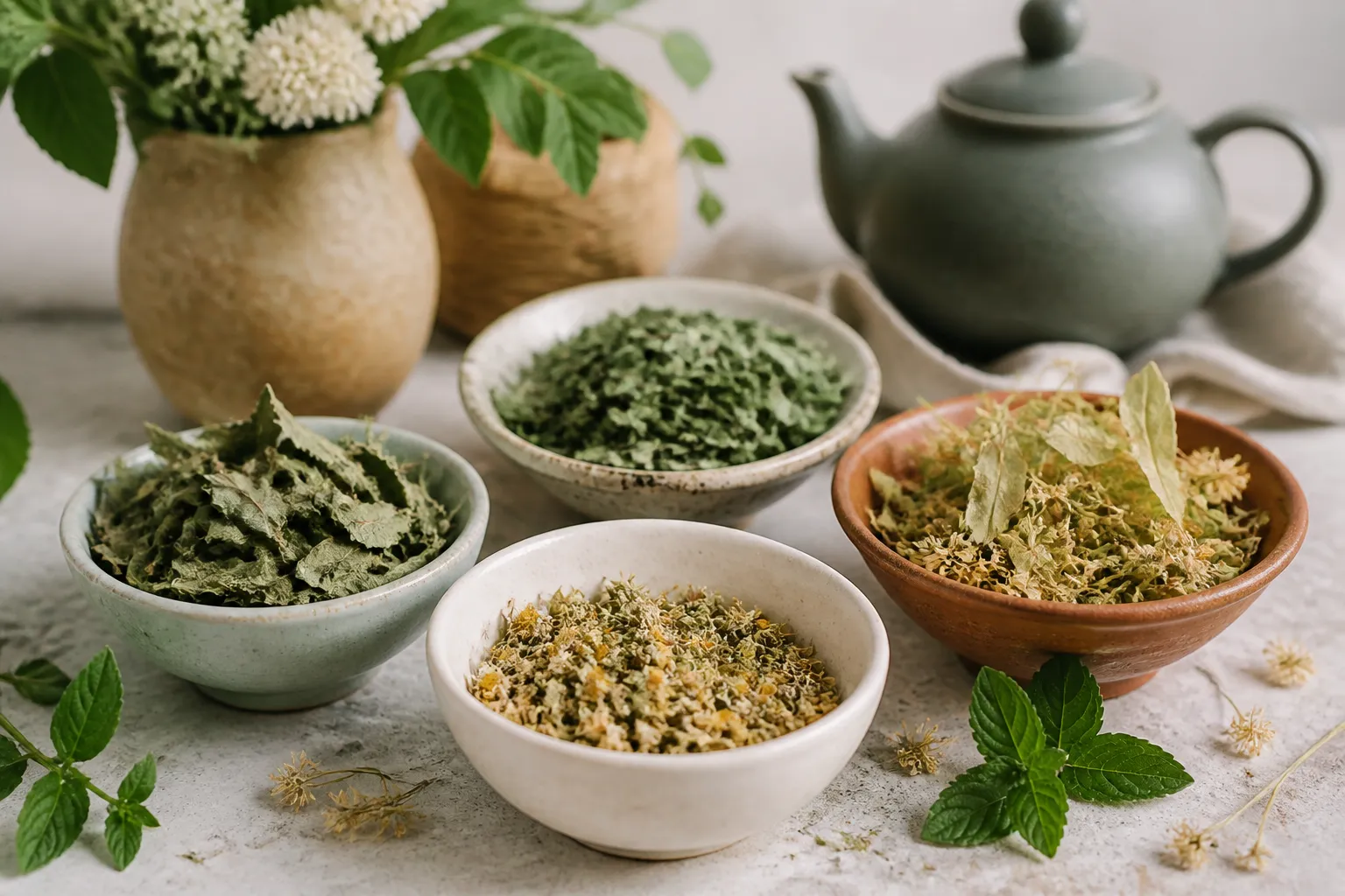 Tisane bienfaits : assortiment de plantes à infuser en vrac dans des bols en céramique
