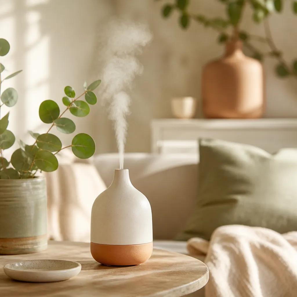 Diffuseur d'huiles essentielles en céramique diffusant une brume légère