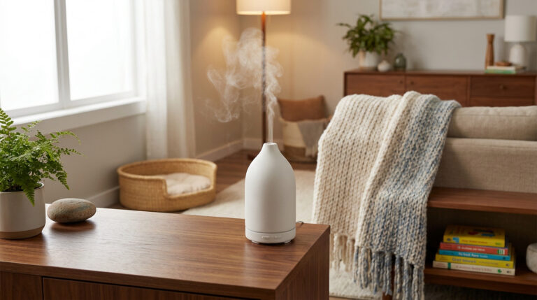 Un diffuseur d'huiles essentielles blanc en céramique émettant une fine vapeur dans un salon chaleureux et bien décoré.
