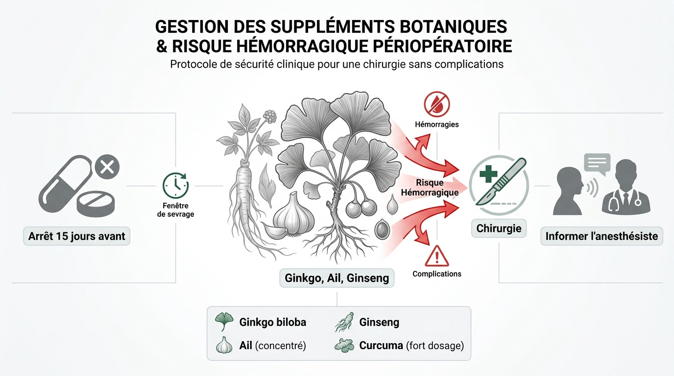 Tableau des risques hémorragiques liés aux compléments alimentaires avant une chirurgie