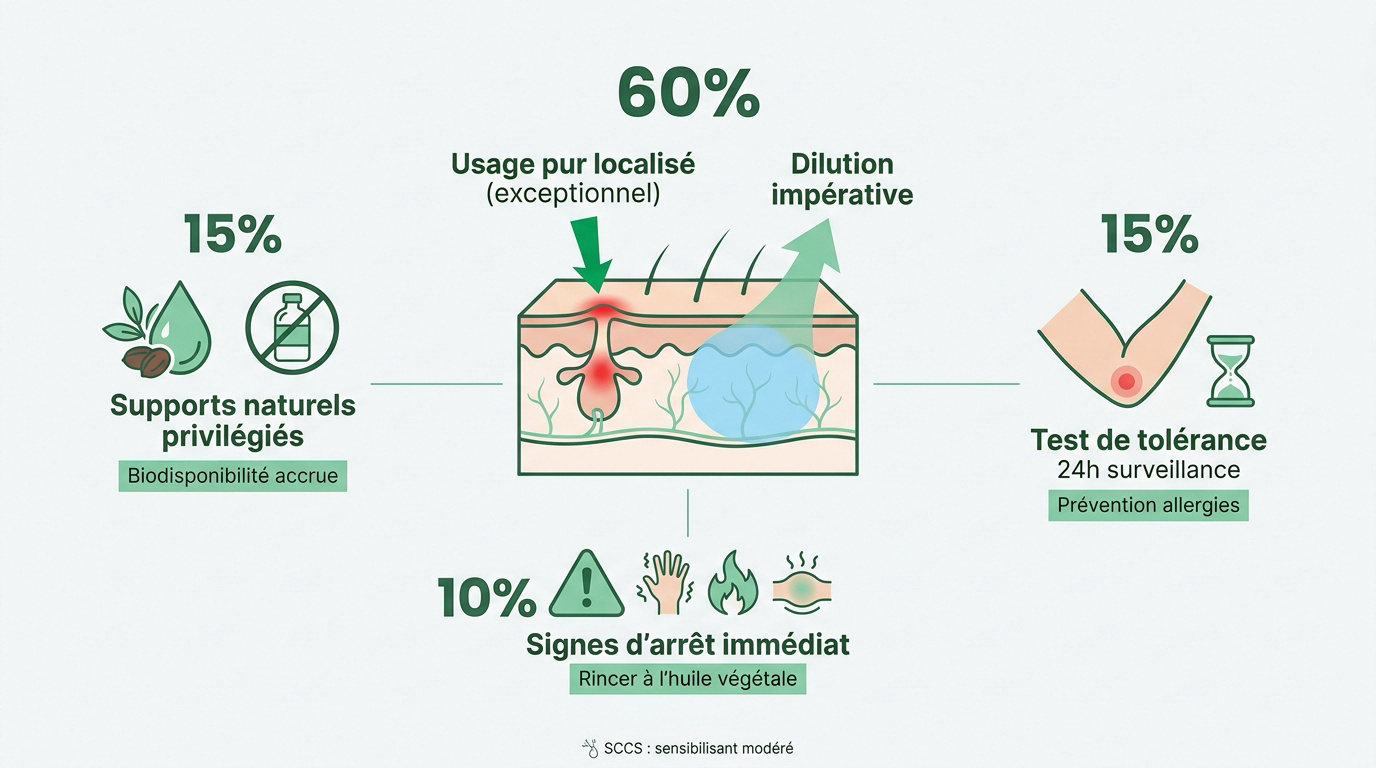 Infographie des protocoles de dilution et zones d'application de l'huile essentielle de tea tree