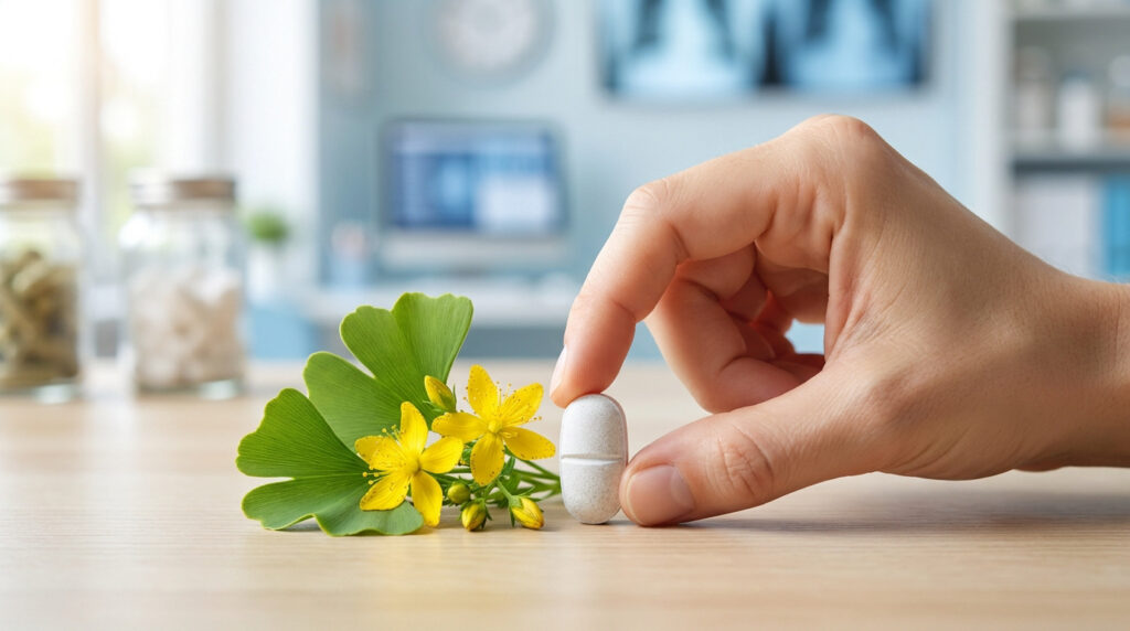 Une main tenant un cachet blanc à côté d'une fleur de millepertuis et de feuilles de ginkgo sur une table médicale.