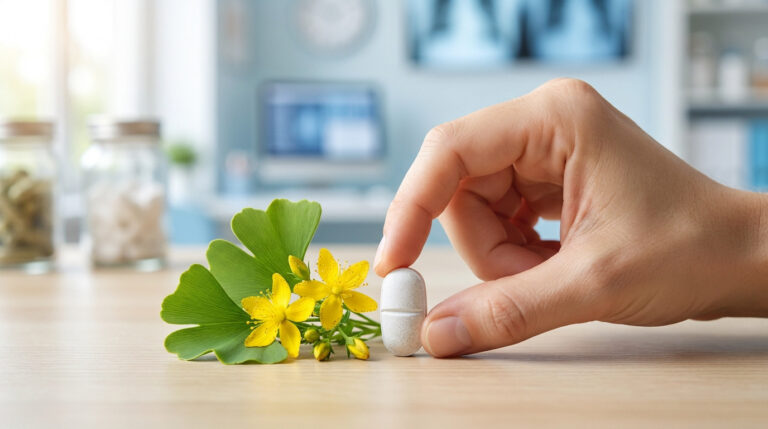 Une main tenant un cachet blanc à côté d'une fleur de millepertuis et de feuilles de ginkgo sur une table médicale.