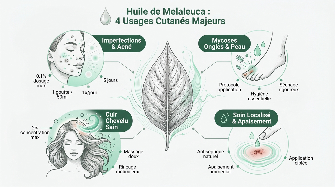 Flacon d'huile essentielle de tea tree et soins de la peau