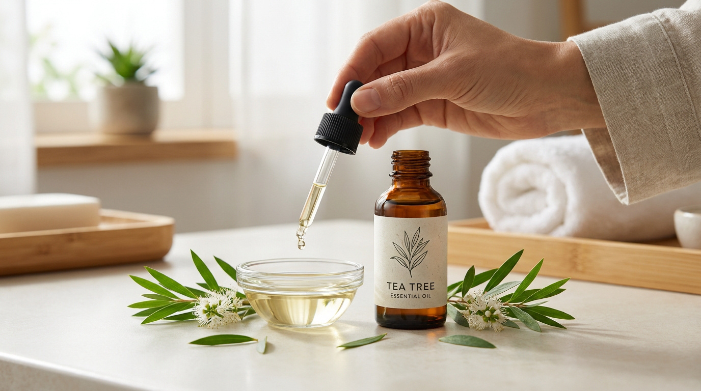 Main utilisant une pipette pour verser de l'huile essentielle de tea tree dans un petit bol en verre avec des feuilles.