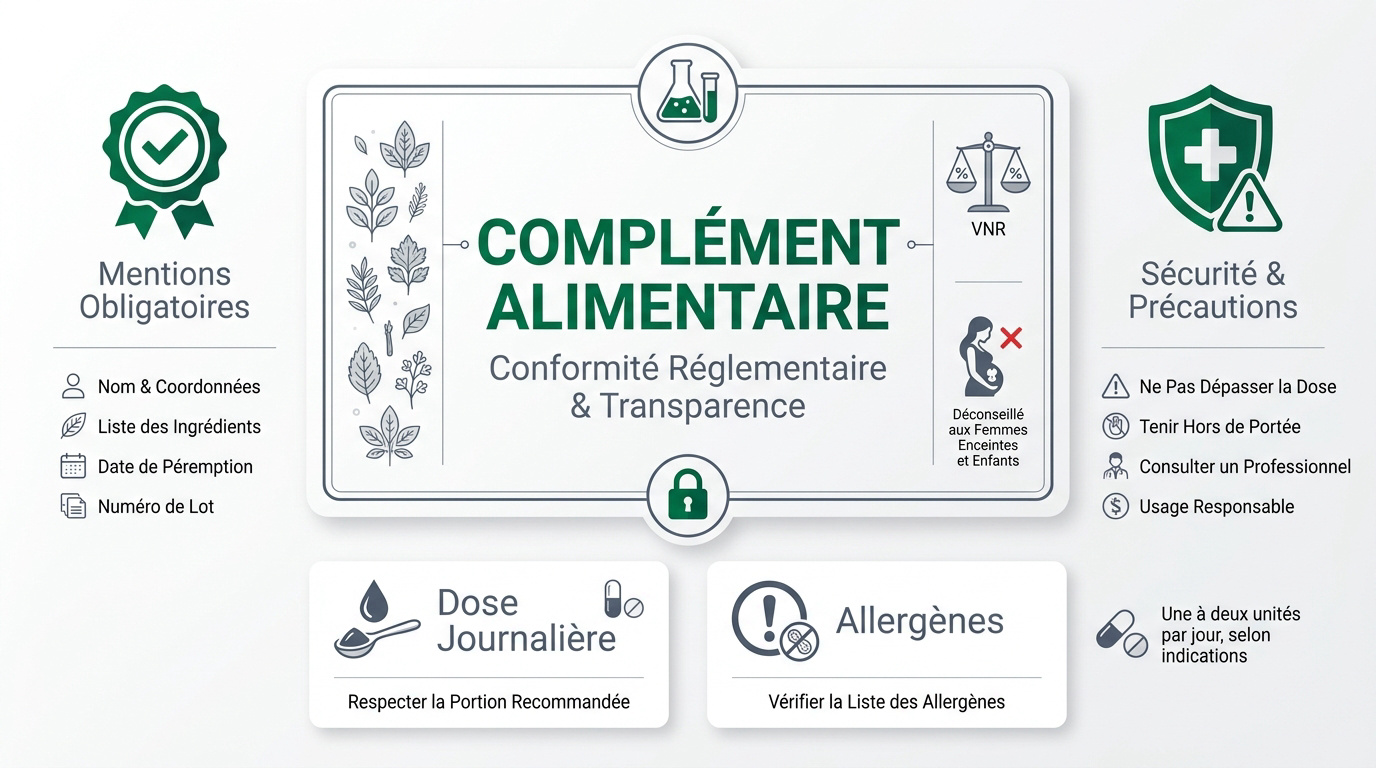 Infographie sur les mentions légales et la sécurité des compléments alimentaires