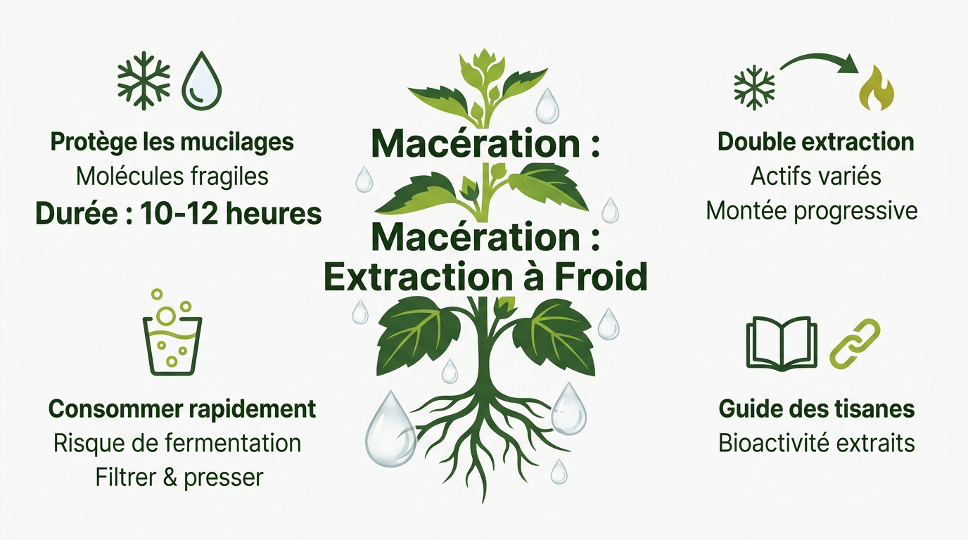 Infographie expliquant les étapes de l'extraction à froid et de la macération des plantes