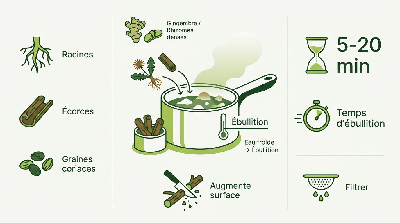 Infographie expliquant la méthode de préparation par décoction pour les racines et écorces