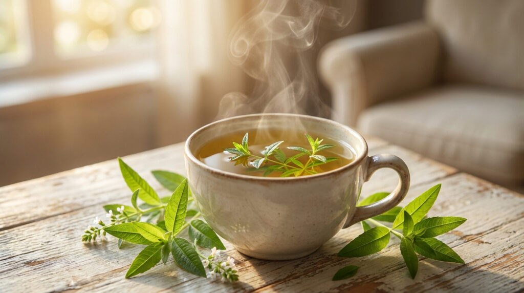 Tasse de tisane de verveine fumante entourée de feuilles fraîches sur une table en bois rustique.