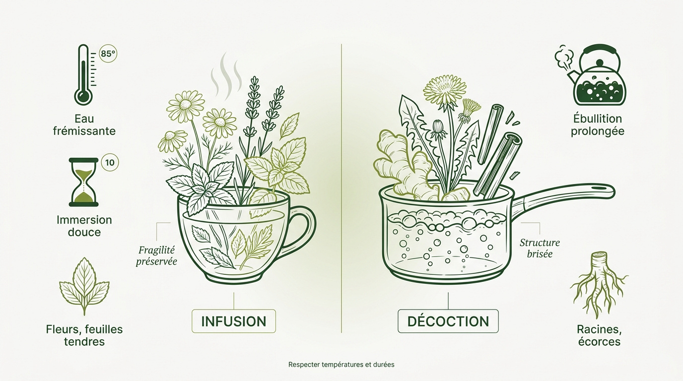 Comparaison visuelle entre les méthodes d'infusion et de décoction pour les plantes médicinales