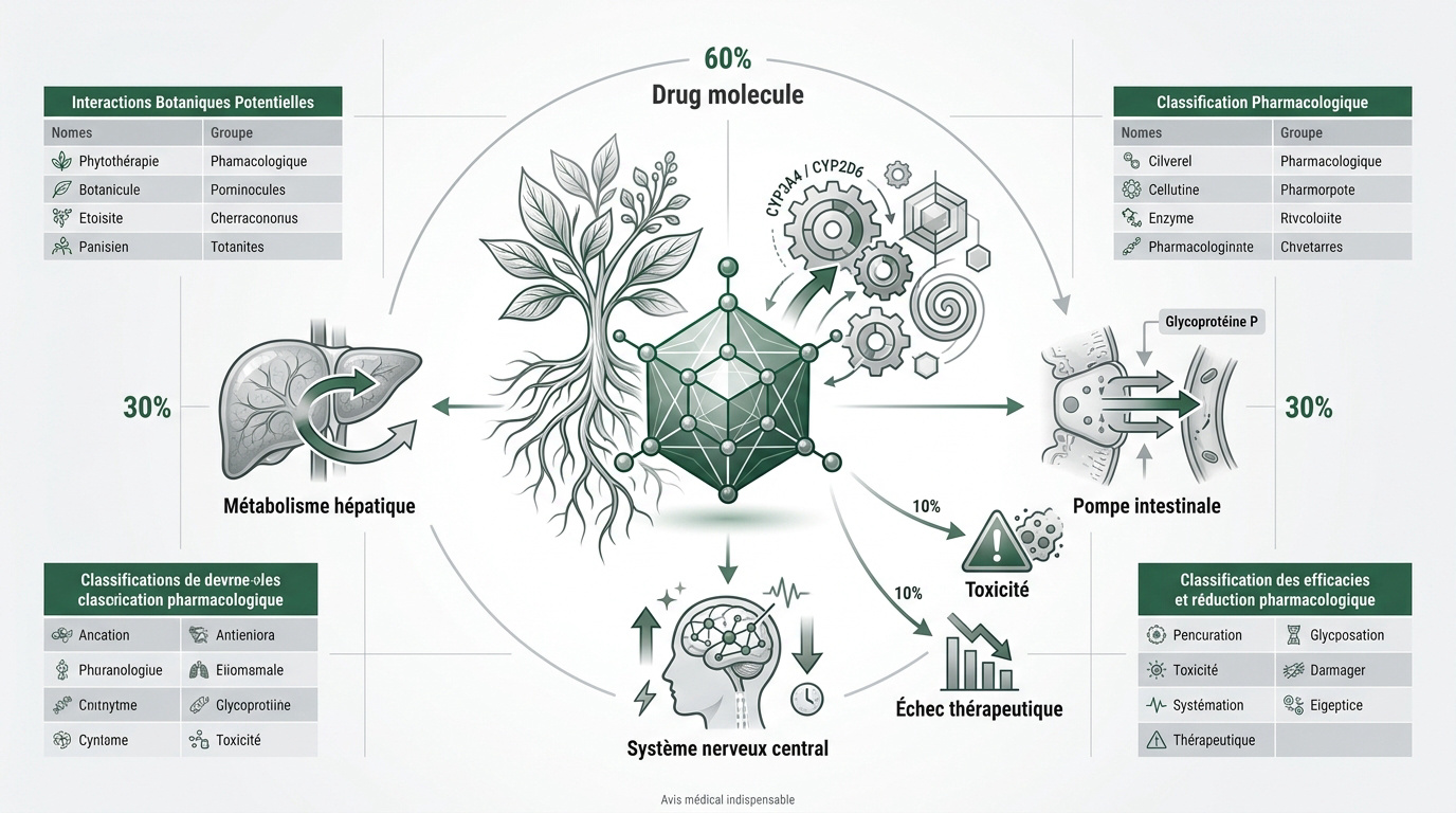 Schéma illustrant les interactions entre molécules médicamenteuses et extraits de plantes dans le corps humain