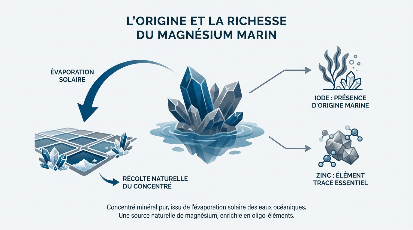 Récolte naturelle du magnésium marin par évaporation solaire dans les marais salants