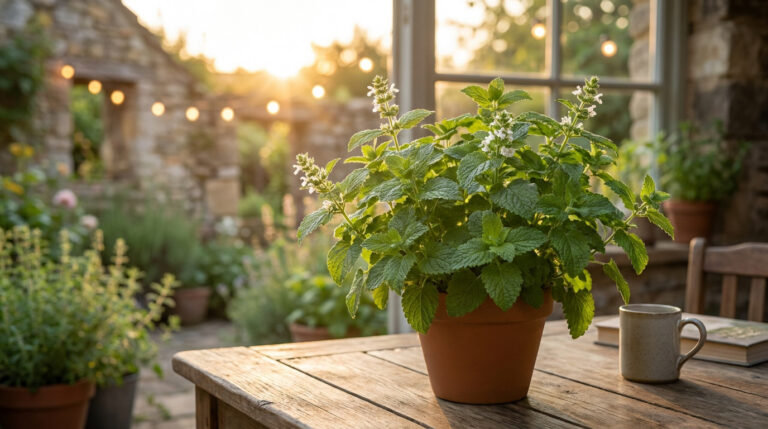 Un plant de mélisse en pot sur une table en bois devant une fenêtre avec un jardin ensoleillé en arrière-plan.