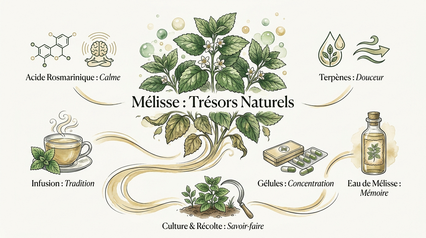 Illustration botanique de Melissa officinalis montrant les feuilles et fleurs
