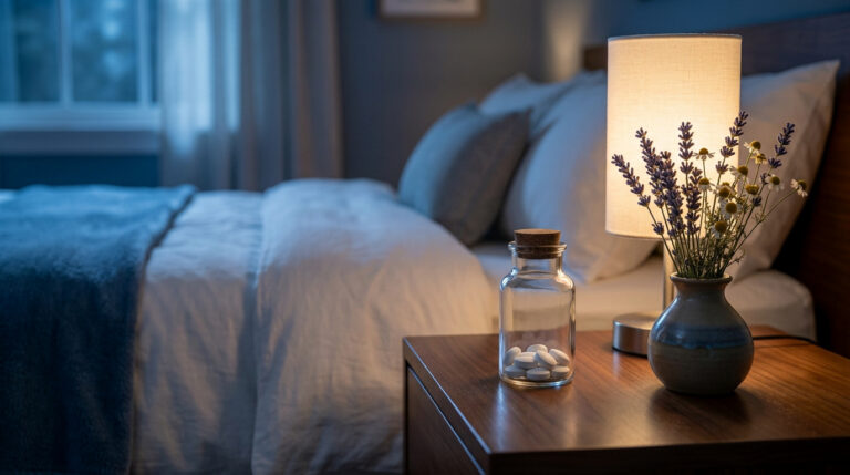 Pot de comprimés et vase de fleurs sur une table de nuit dans une chambre à coucher tamisée.