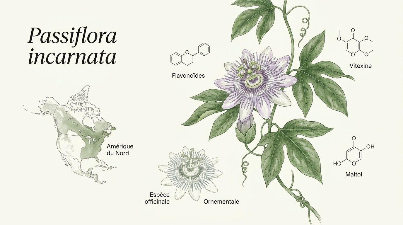 Illustration botanique de Passiflora incarnata détaillant ses fleurs mauves et ses parties aériennes médicinales