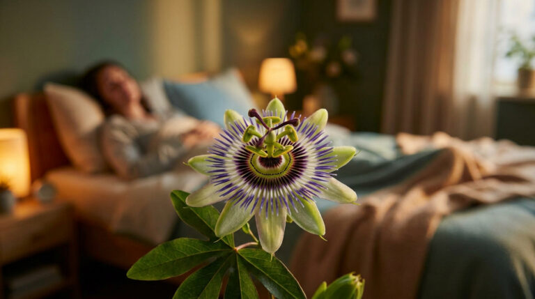 Une fleur de passiflore au premier plan avec une personne qui dort paisiblement dans un lit en arrière-plan.