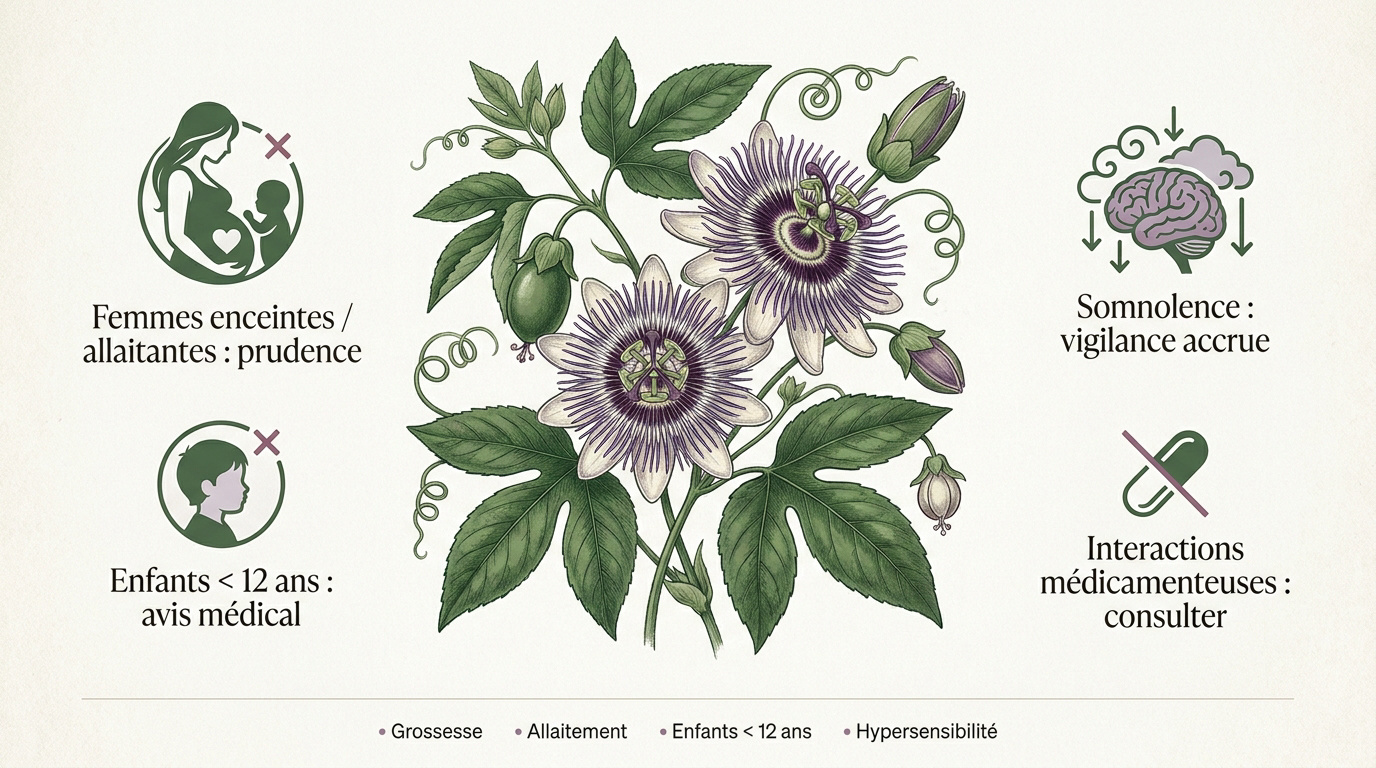 Tableau récapitulatif des contre-indications et précautions d'usage de la passiflore