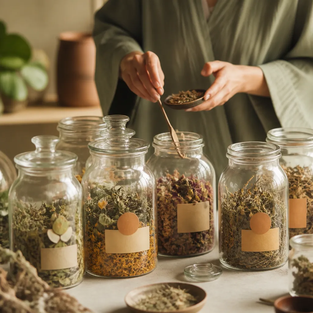 Bocaux en verre de plantes séchées en vrac pour tisanes