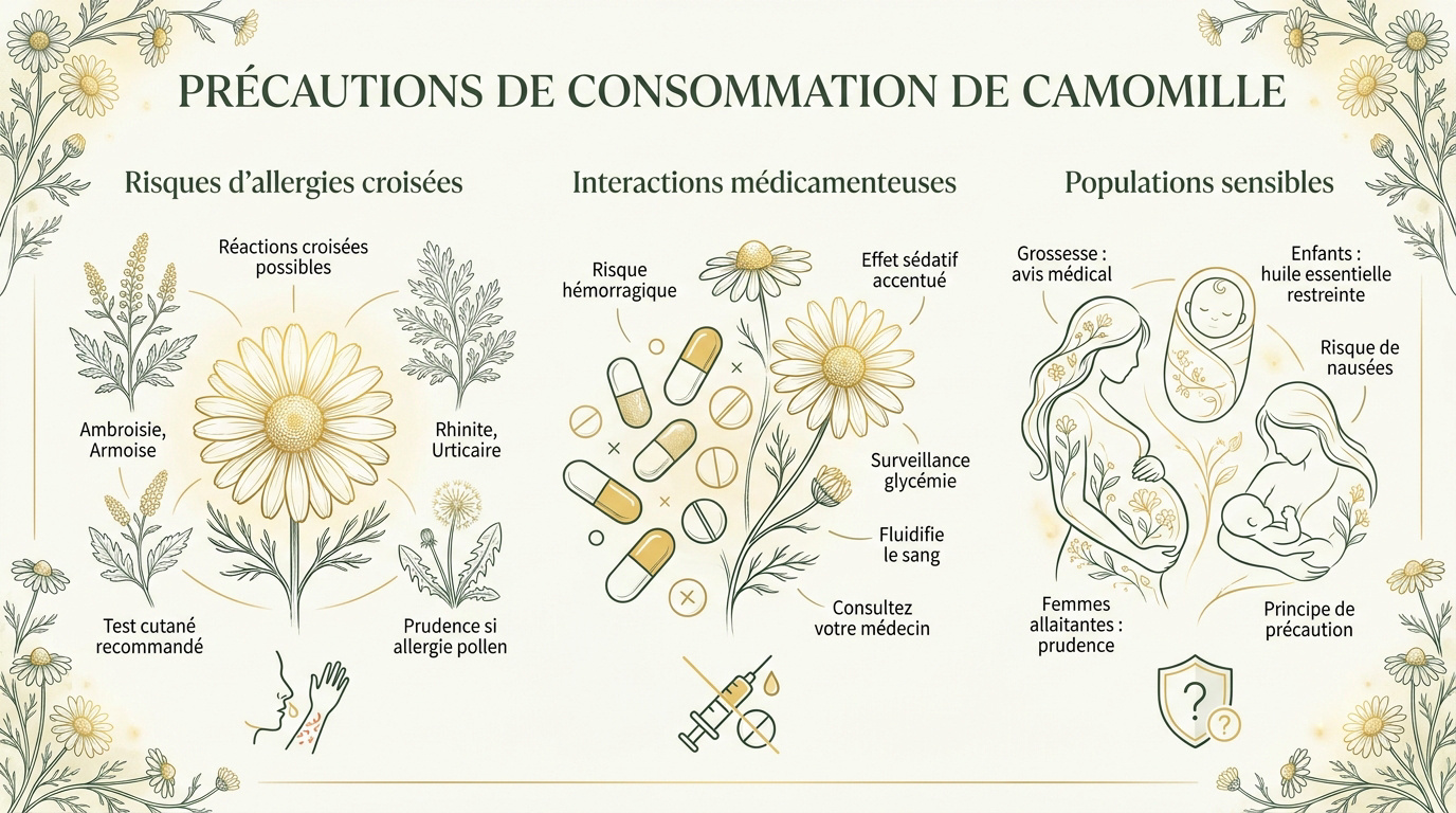 Précautions et contre-indications de la camomille en infusion et huile essentielle