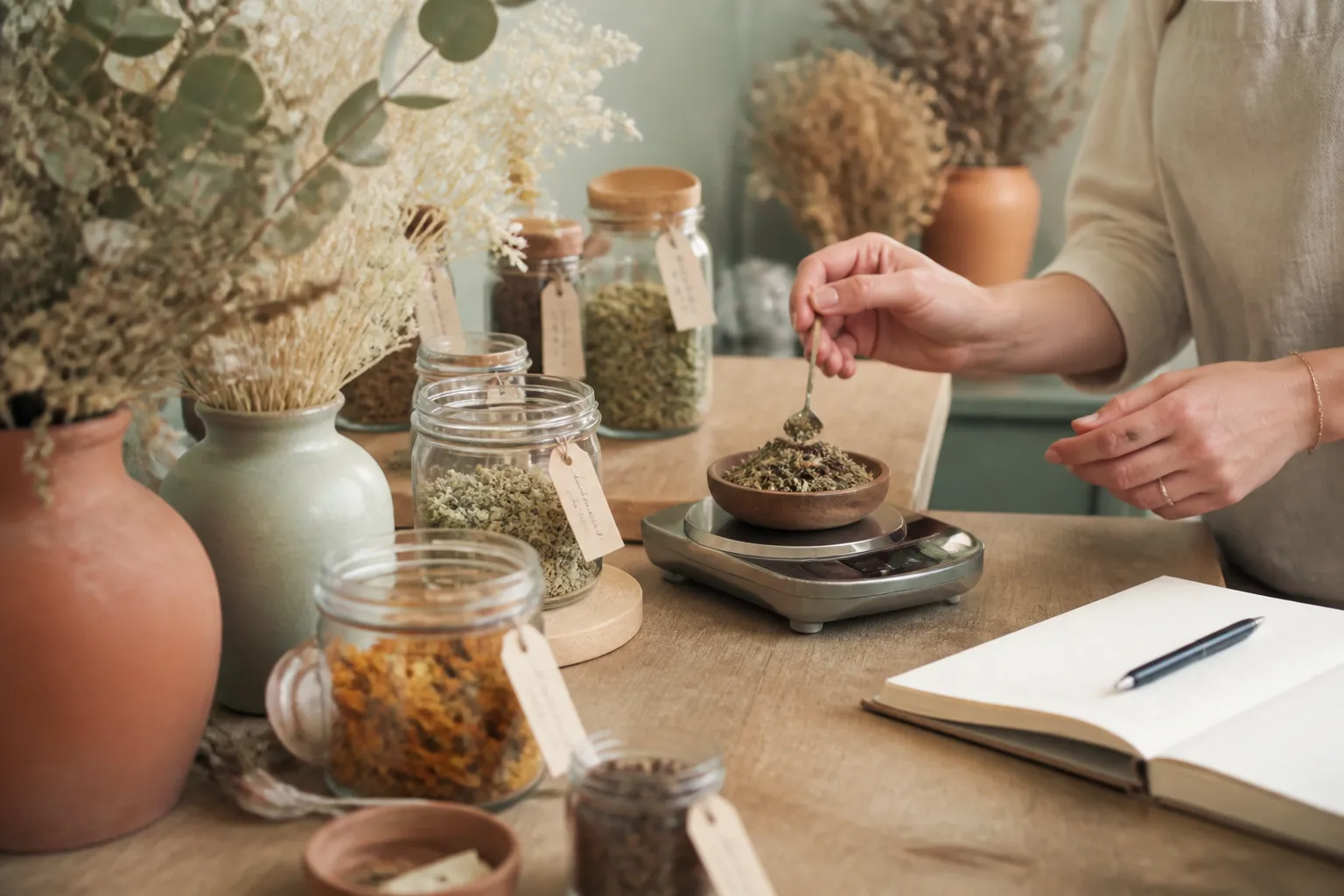 Plantes séchées, balance de précision et carnet de suivi pour un usage mesuré des tisanes