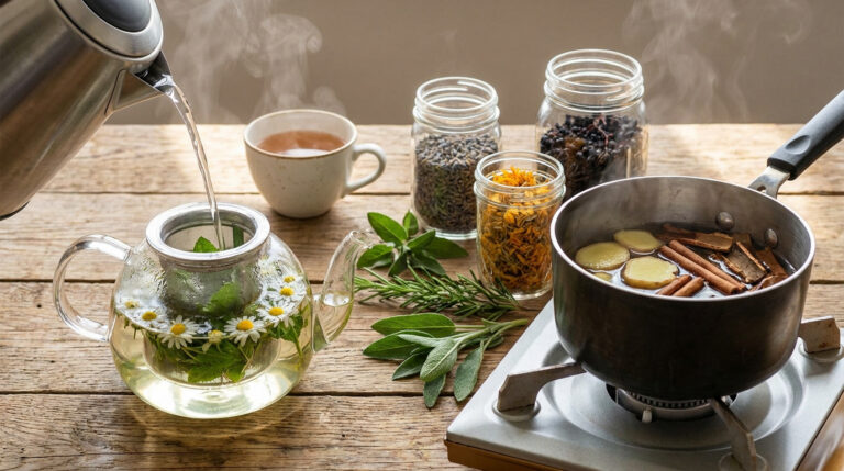 Une bouilloire verse de l'eau dans une théière, tandis qu'une casserole bout sur une plaque avec des plantes.