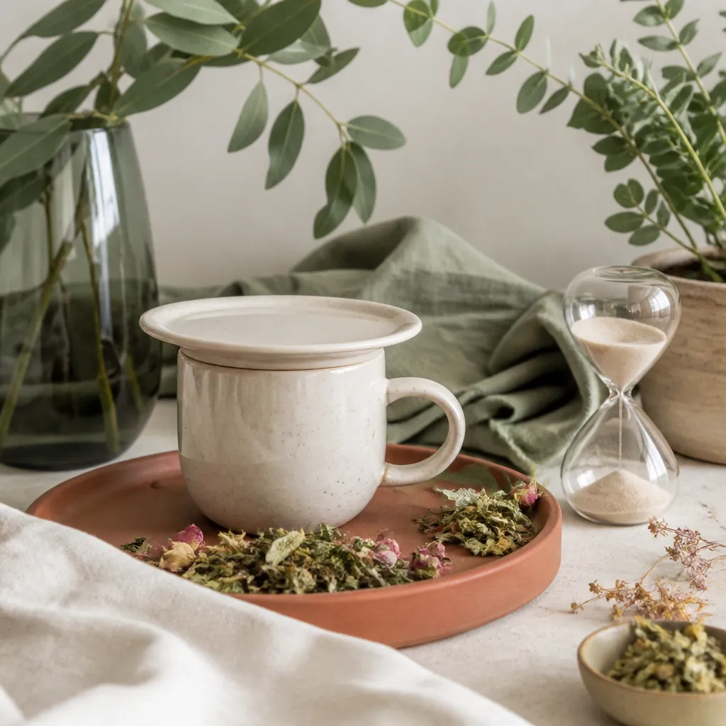 Tasse de tisane couverte pendant l'infusion avec sablier