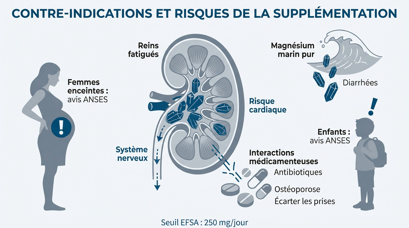 Schéma illustrant les risques et contre-indications de la supplémentation en magnésium marin