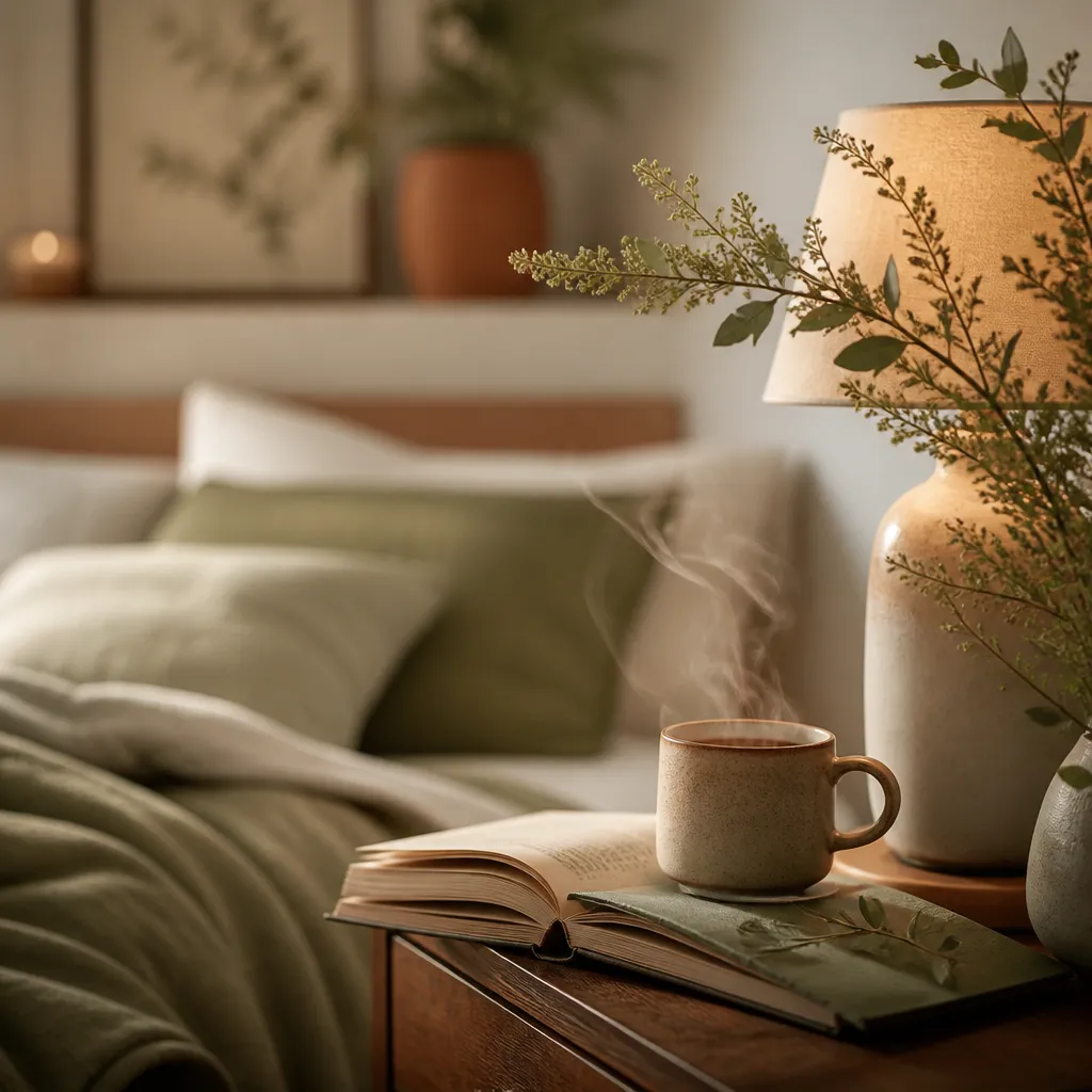 Rituel du soir : tasse fumante, livre et lampe chaude sur une table de chevet