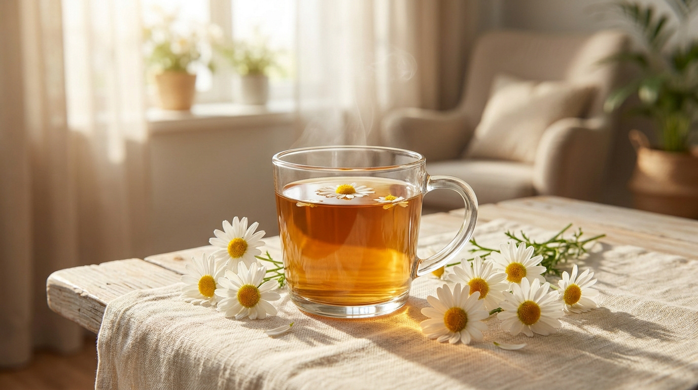 Une tasse en verre remplie d'infusion à la camomille fumante posée sur une table en bois avec des fleurs fraîches.
