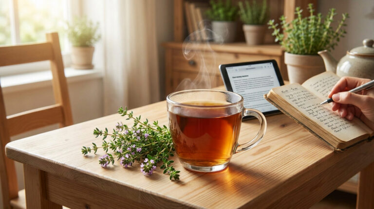 Une tasse de tisane de thym fumante sur une table en bois à côté d'un carnet et d'une tablette.