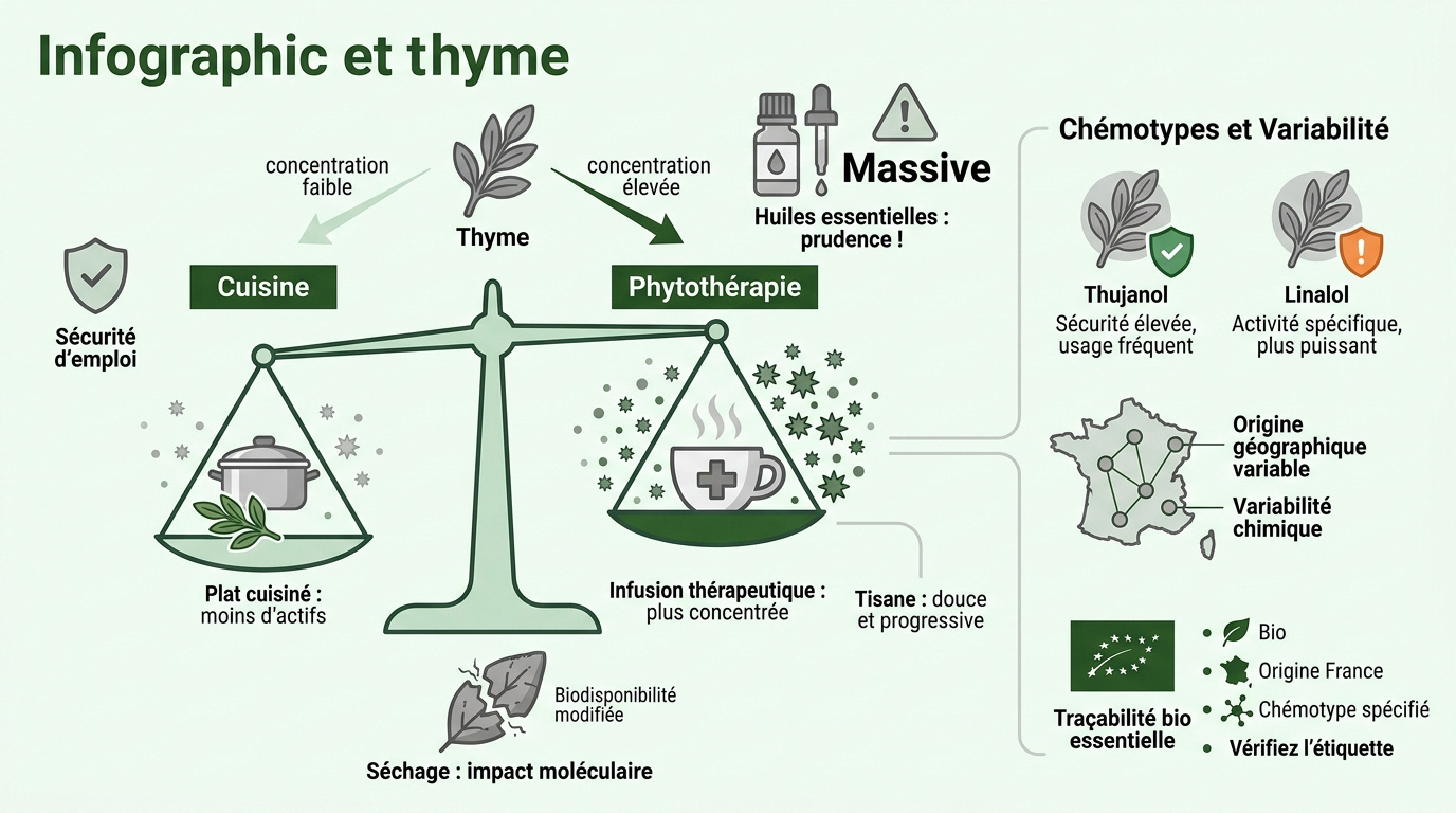 Comparaison entre le thym frais utilisé en cuisine et le thym séché pour infusion médicinale