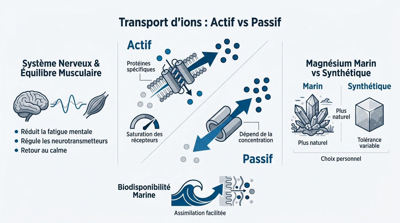 Schéma comparatif des mécanismes de transport actif et passif des ions magnésium