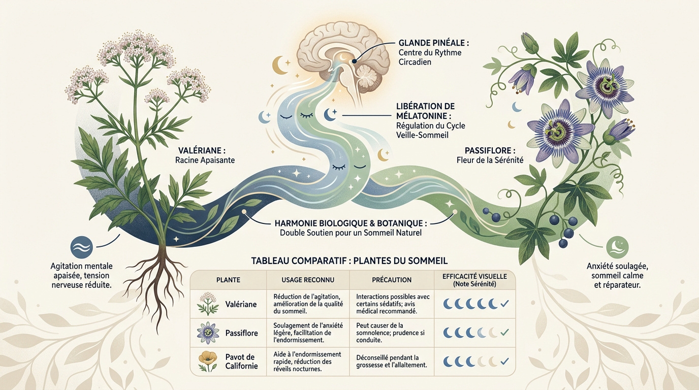 Racines de valériane et fleurs de passiflore pour favoriser le sommeil naturel