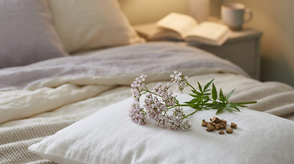 Brin de valériane en fleurs et racines séchées posés sur un oreiller blanc, dans une chambre à coucher cosy.