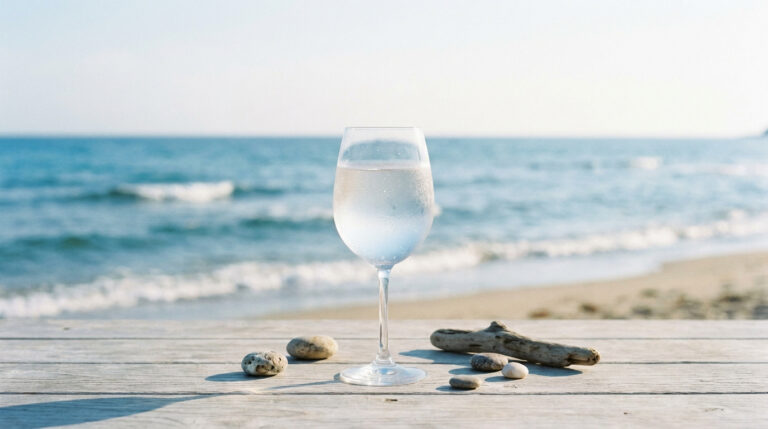 Un verre d'eau posé sur une table en bois face à une mer bleue, avec des galets et un morceau de bois flotté.
