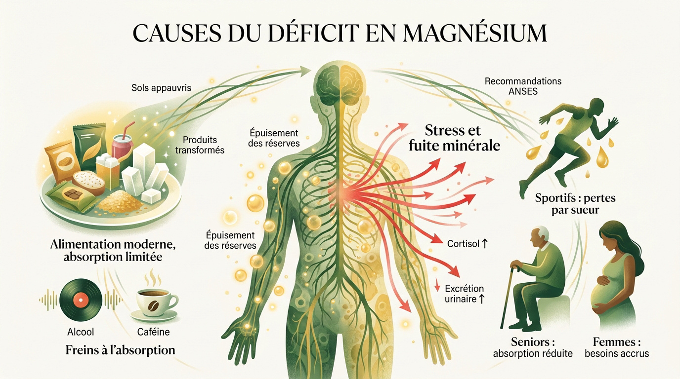 Schéma des facteurs de risque et causes de la carence en magnésium