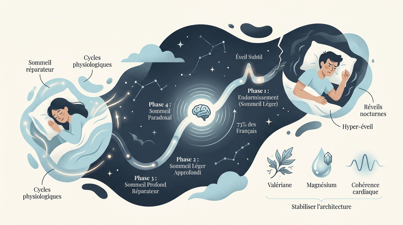 Illustration des cycles de sommeil et solutions naturelles contre les réveils nocturnes