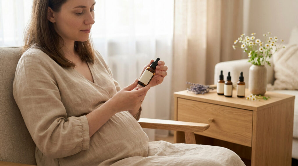 Femme enceinte assise dans un fauteuil lisant l'étiquette d'un flacon d'huile essentielle avec d'autres flacons sur la table.